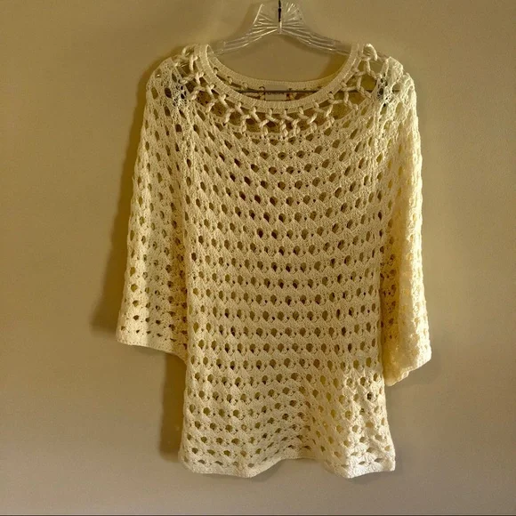 Chico’s Cream Open Knit Three-Quarter Sleeve Linen Blend Crochet Sweater - Picture 3 of 8